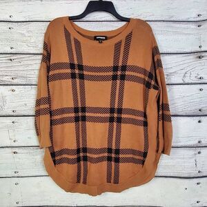 Express Women’s M Tan Black Plaid Sweater Pullover Drop Shoulder Slouchy Tunic